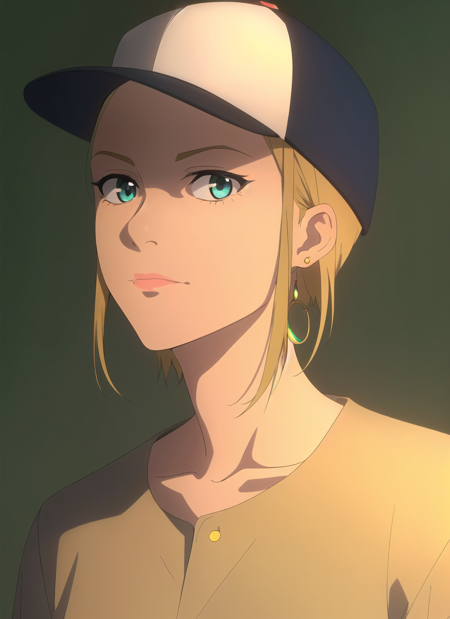 3978527205-3549507573-witcher, masterpiece, best quality, 1girl, aqua eyes, baseball cap, blonde hair, closed mouth, earrings, green background, hat,.png